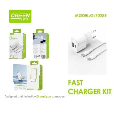 Cargador Rápido 25W USB-C PD + USB QC 3.0 con Cable USB-C a USB-C Green Lyca GL70289 | Kit de Carga Rápida